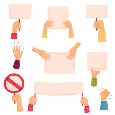 Set of blank posters in hands. Vector illustration on white background.のイラスト素材
