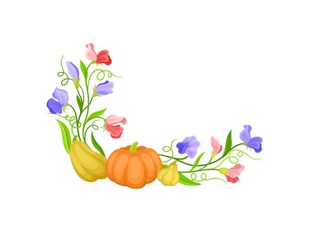 Lower left corner is decorated with flowers and pumpkins. Vector illustration on white background.のイラスト素材
