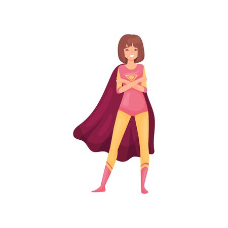 Woman in costume with superhero emblem. Vector illustration on white background.のイラスト素材