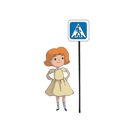 Girl is standing near a road sign. Crosswalk. Vector illustration on white background.のイラスト素材
