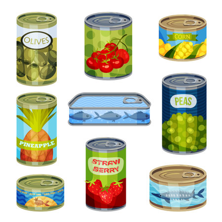 Set of closed cans with peas, corn, fish, olive, pineapple, tomato, strawberry. Vector illustration on white background.のイラスト素材