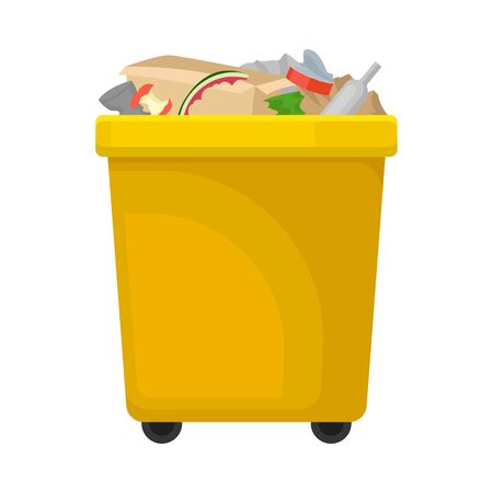 Full yellow trash can. Vector illustration on white background.のイラスト素材
