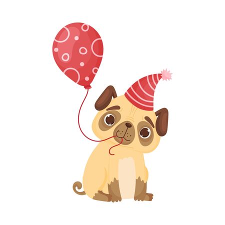 Cute pug in a festive cap with a balloon. Vector illustration on white background.のイラスト素材