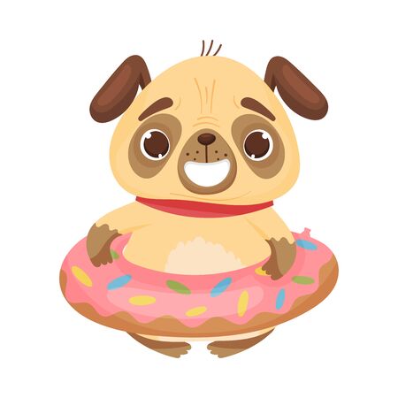 Cute pug in the inflatable circle. Vector illustration on white background.のイラスト素材