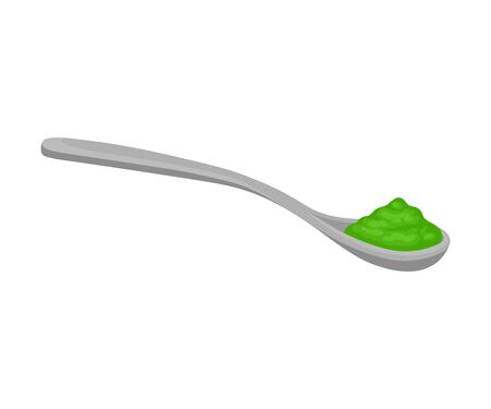 Metal spoon with green algae powder. Vector illustration on white background.のイラスト素材