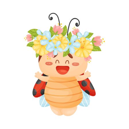 Cartoon ladybug with a wreath on his head. Vector illustration on a white background.のイラスト素材