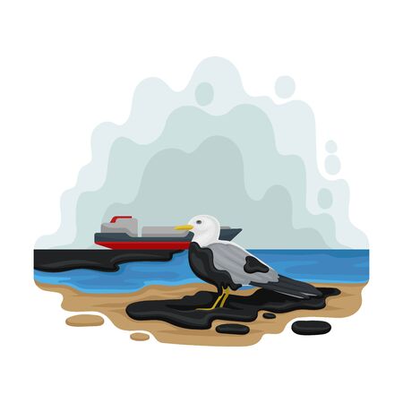 Seagull sits on an oil slick. Vector illustration on a white background.のイラスト素材