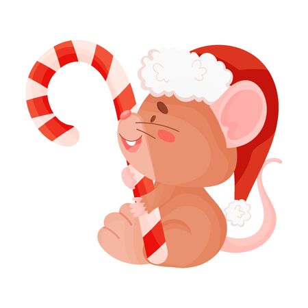 Cute little mouse with a lollipop. Vector illustration on a white background.のイラスト素材