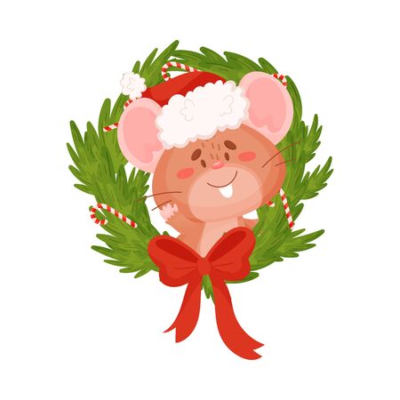 Cute brown mouse and christmas wreath. Vector illustration on a white background.のイラスト素材