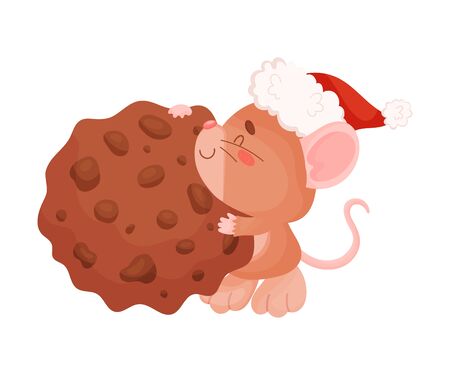 Cute brown mouse carries cookies. Vector illustration on a white background.のイラスト素材