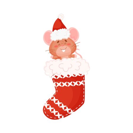 Cute brown mouse sits in a Christmas sock for gifts. Vector illustration on a white background.のイラスト素材