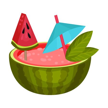 Cocktail in half a watermelon is decorated with a blue umbrella and a green leaf of mint. Vector illustration on a white background.のイラスト素材