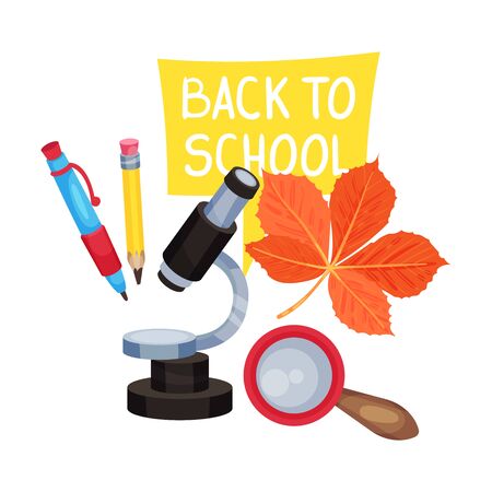 School composition from a microscope, a magnifying glass and the inscription Back to school. Vector illustration on a white background.のイラスト素材