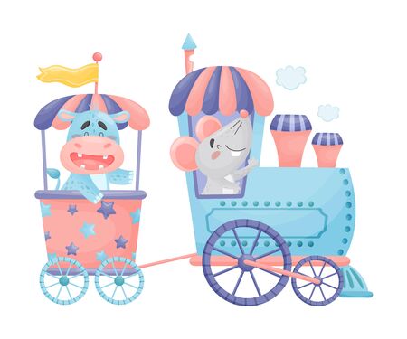 Mouse and a hippo ride in blue with a pink train. Vector illustration on a white background.のイラスト素材