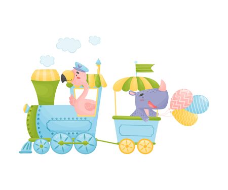 Pink flamingos and rhino ride in blue with a yellow train. Vector illustration on a white background.のイラスト素材