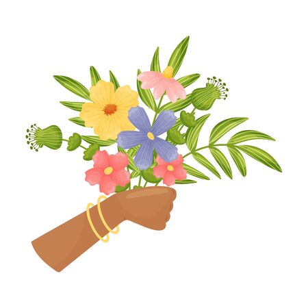 Hand with bracelets holds a bouquet of flowers. Vector illustration on a white background.のイラスト素材