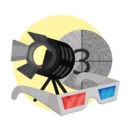 Spotlight, frame and 3D glasses in a yellow circle. Vector illustration on a white background.のイラスト素材