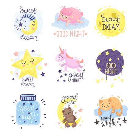 Cute pictures with the inscription Good night. Vector illustration on a white background.のイラスト素材