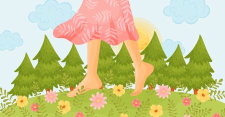 Bare feet on a flower meadow. Vector illustration.のイラスト素材