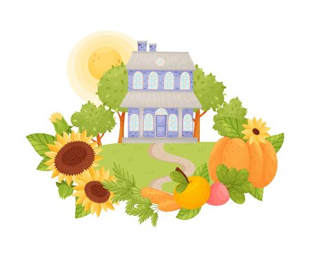 Two-story blue house with a gray roof. Vector illustration.のイラスト素材