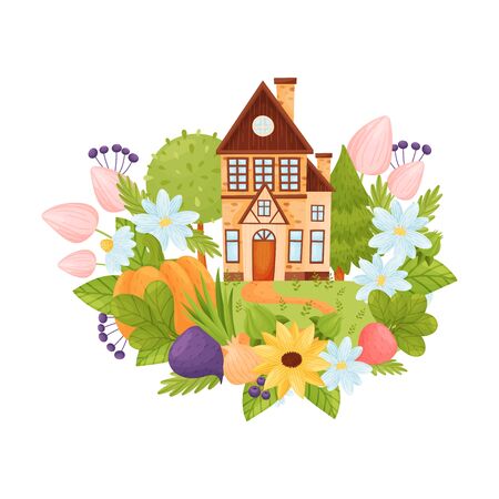 Scandinavian-style rustic beige house with a brown roof. Vector illustration.のイラスト素材
