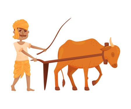 Man in Indian clothing plows the earth with an ox. Vector illustration.のイラスト素材