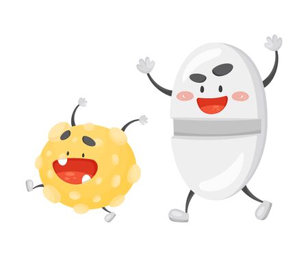 Humanized pill chases the virus. Vector illustration on a white background.のイラスト素材