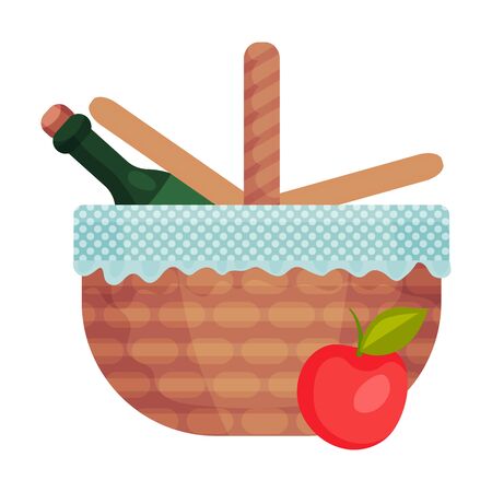 Open picnic basket with a bottle inside. Vector illustration on a white background.のイラスト素材