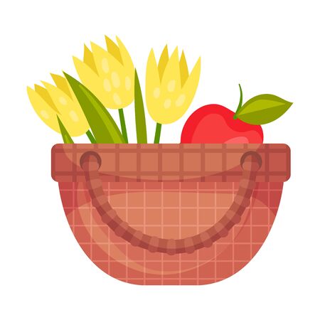 Picnic basket with flowers and apple. Vector illustration on a white background.のイラスト素材