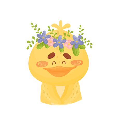 Yellow duckling with a wreath of flowers on her head. Vector illustration on a white background.のイラスト素材