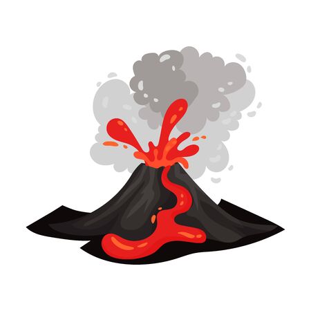 Red lava flows through a black volcano. Vector illustration on a white background.のイラスト素材