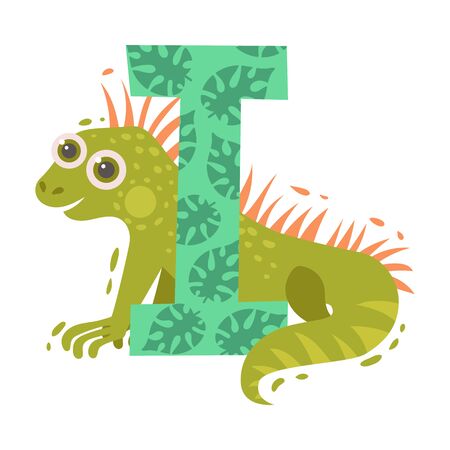 Cartoon iguana and letter I. Vector illustration on a white background.のイラスト素材