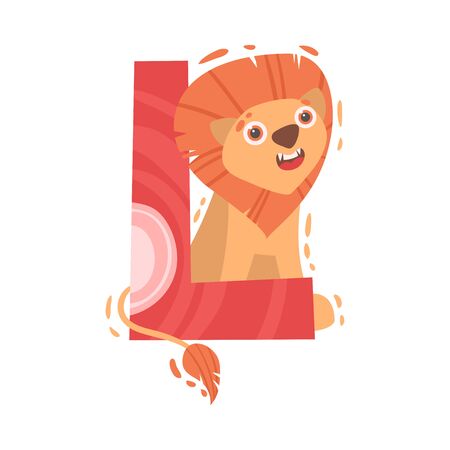Orange lion with a magnificent mane and a red letter L. Vector illustration on a white background.のイラスト素材