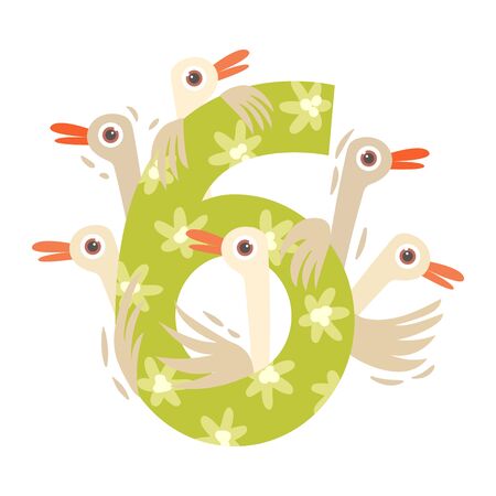 Number 6 and six geese. Vector illustration on a white background.のイラスト素材