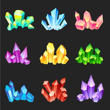 Set of multi-colored crystals. Vector illustration on a black background.のイラスト素材