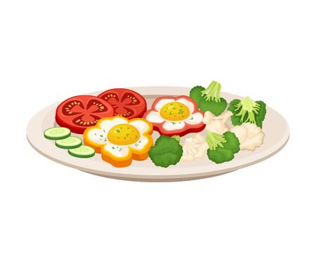 Eggs fried in a rings of a sliced bell pepper served with dill, cauliflower, broccoli, sliced tomato and cucumber, vegetarian dish.のイラスト素材