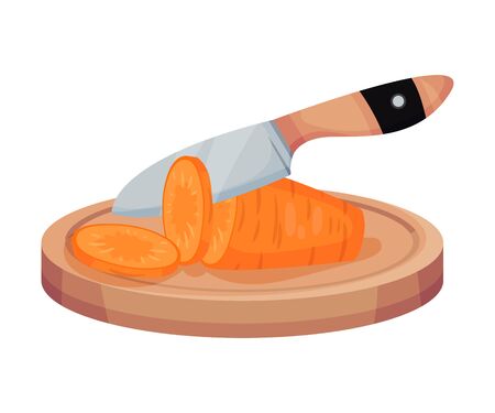 Sliced Carrot On Wooden Board With Kitchen Knife Isolated On White Backgroundのイラスト素材