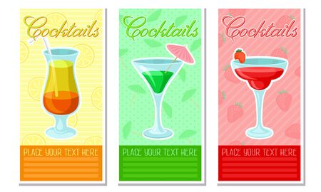 Set of cards with three cocktail in glasses and the inscription. Vector illustration.のイラスト素材