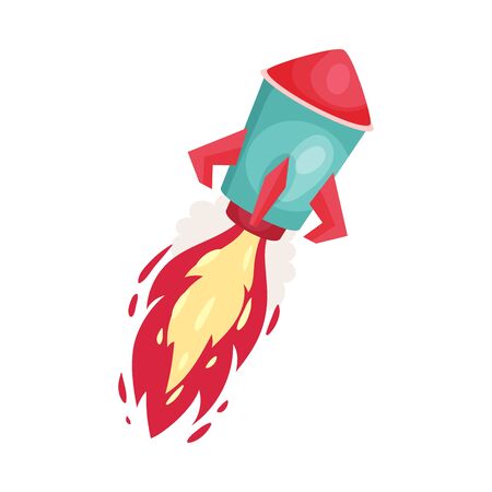 Red rocket with fire trace launched into space. Concept of business project start up, or innovations. Vector illustrations, cartoon character, isolated on white background.のイラスト素材
