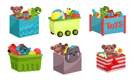 Boxes Full of Children Toys Vector Illustrated Set.のイラスト素材