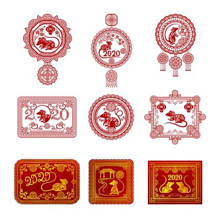 Set of pictures with white and gold contours in the form of symbols of the Chinese New Year horoscope. Vector illustration.のイラスト素材