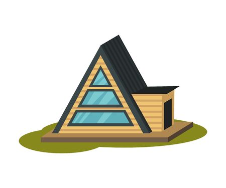 Unusual triangular beige striped house with horizontal windows and a dark gray roof. Vector illustration.のイラスト素材