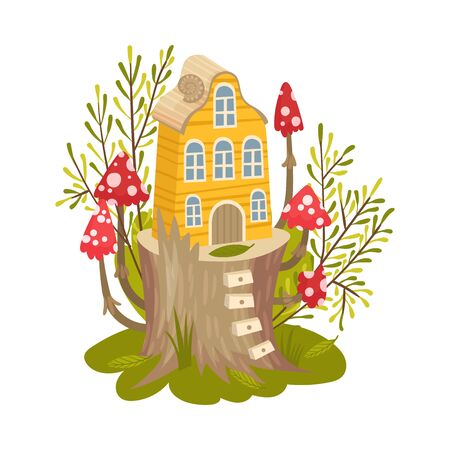 Little yellow house for fairies. Vector illustration on a white background.のイラスト素材
