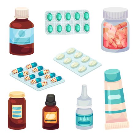Set of multicolored pills and medicines in bottles. Vector illustration on a white background.のイラスト素材