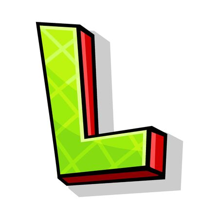 Isometric green and red capital letter L in cartoon style from english alphabet. Playful and modern font, for any design works. Vector illustration, isolated on white background.のイラスト素材
