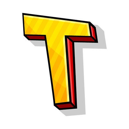Bright yellow and red capital letter T, isometric, in cartoon style from english alphabet. Modern playful font for any design works. Vector illustration, isolated on white background.のイラスト素材