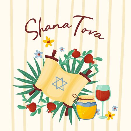 Jewish symbols and banner of holiday shana tovah, or new year. Pomegranate, jar of honey, juice or wine in the glass on the flowers and green leaves. Vector Illustration, isolated on beige background.のイラスト素材