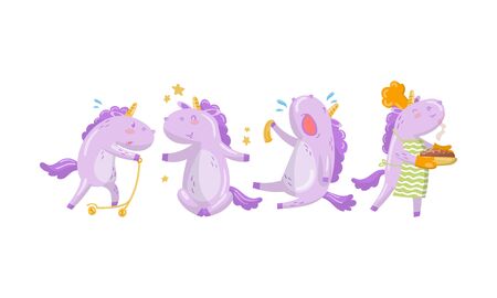 Set of cartoon lilac humanized unicorns riding a scooter, crying and carrying a hot pie. Vector illustration.のイラスト素材