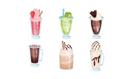 Set of milkshakes and mousses with strawberries, kiwi, chocolate and marshmallows in glasses. Vector illustration.のイラスト素材