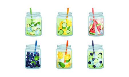 Fruit and Vegetable Cold Fresh Beverages Poured in Glass Jars With Straw Vector Set